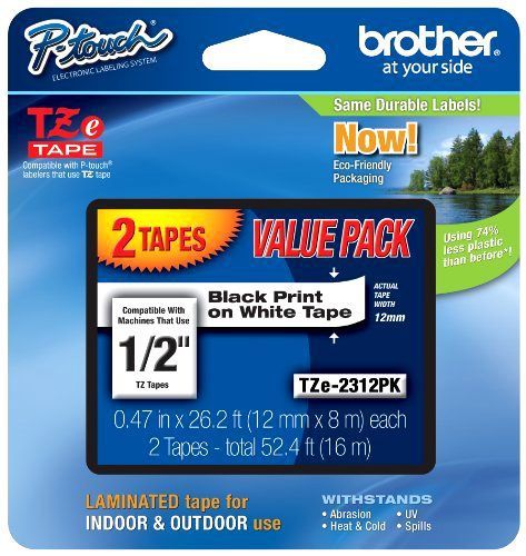 Brother Laminated Black On White Tape 2Pack (TZe2312PK)