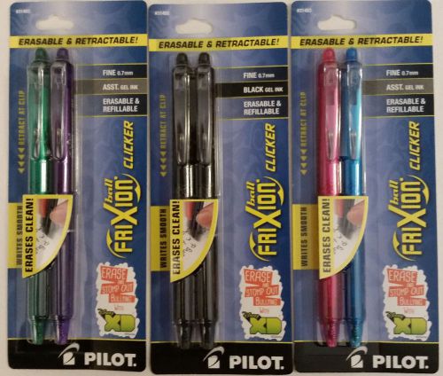 6 New Pilot FriXion Ball Clicker Erasable Gel Pen Green Purple Blue Pink &amp; Black
