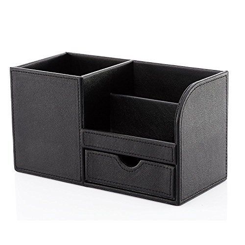 Wooden Struction Leather Multi function Desk Organizer Storage Box cil