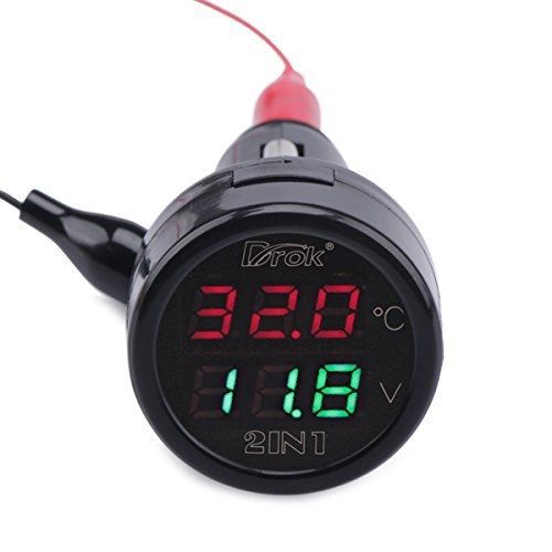 DROK? Small Digital Volt Temp Multimeter Red/Green LED Panel Voltmeter Celsius