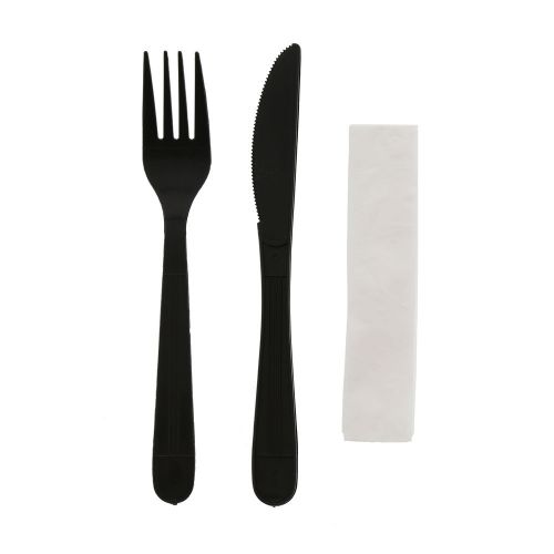 CiboWares Heavy Weight Black Cutlery Kits-Knife, Fork, Napkin, Pack of 250