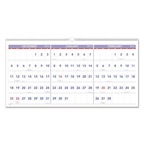 Horizontal-Format Three-Month Reference Wall Calendar, 23 1/2 x 12, 2016-2018