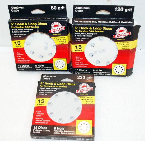 5 inch 8 Hole Hook and Loop Discs 3 @ 80 grit / 4 @ 120 grit / 15 @ 220 grit