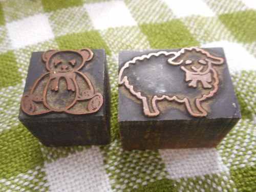 2 Vintage Bear and Sheep Copper Printing Block Wood Metal Stamp RARE Animals