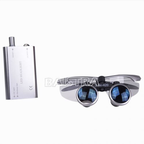 Silver Dental Surgical Medical Binocular Loupes 3.5X 420mm + LED Head Light Lamp