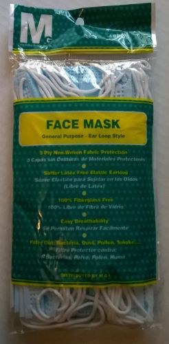 FACE MASK-GENERAL PURPOSE-EAR LOOP STYLE, 10 PIECES-3 PLY-NON WOVEN FABRIC PROT.