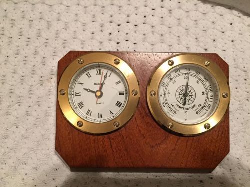 Bulova Desk Top clock &amp; temp.Wood &amp; Brass Clock