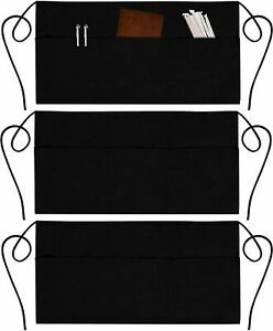 3 Pack Waist Aprons 3 Pockets Waitress Server Waiter Apron for Women Men Black