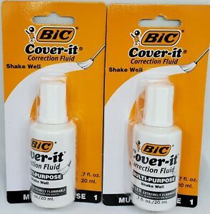 **2 BOTTLES** BIC Cover-it White Out Correction Fluid Multi-purpose 0.7oz Each