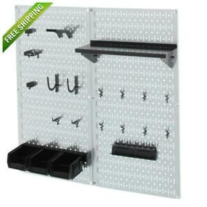 32 in x 32 in Shiny Metallic Galvanized Steel Pegboard Utility Tool Storage Kit