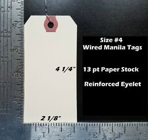 100 Count Size 4 Manila Inventory Shipping Hang Tags w/ Wire 4 1/4&#034; x 2 1/8&#034;