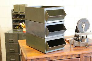 Set of 3 Vintage Industrial Steel Stacking Factory Storage Parts Bins
