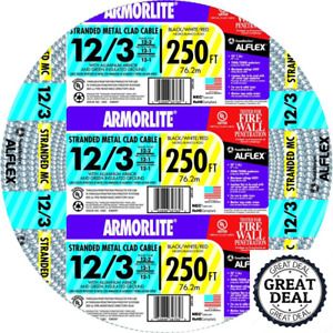 12/3 Stranded CU MC (Metal Clad) Armorlite Cable 250 Ft Building Electrical Wire