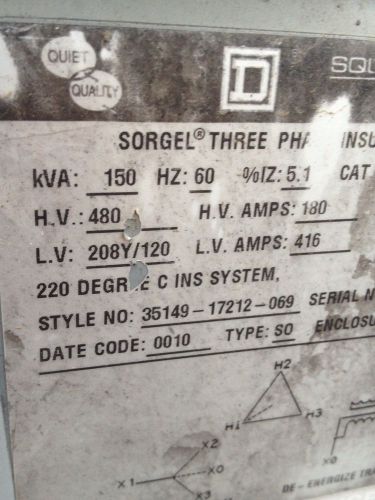 Square D Sorgel 150 KVA Transformer 480 to 208 v