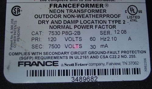 Neon transformers - france - cat. no. 7530 p8g-2b - 120v 60hz 210va 7500v 30ma - for sale