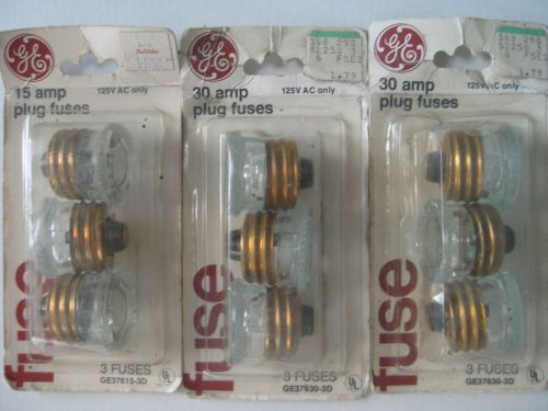 9 NEW, Old Stock, 15 &amp; 30 Amp Glass Plug Fuses GE Screw In  - Made in USA