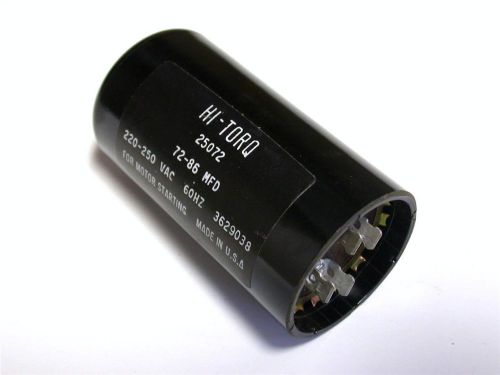 Brand new hi-torq capacitor 220-225vac 60hz 72-86mfd model 25072 (2 available) for sale