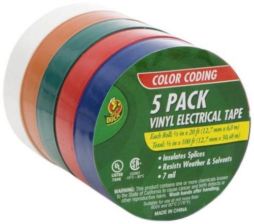 5 Pack Assorted Vinyl Electrical Tape 1/2&#034; X 20&#039;, Red, Blue, White, Green Orange