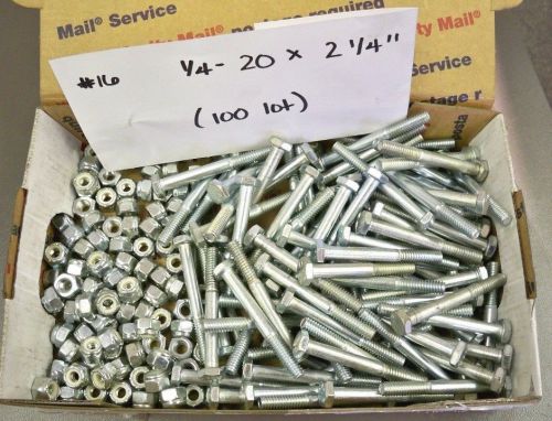 1/4&#034;- 20 x 2 1/4&#034; hex head bolts with safety nylon lock jam nuts lot of 100 for sale