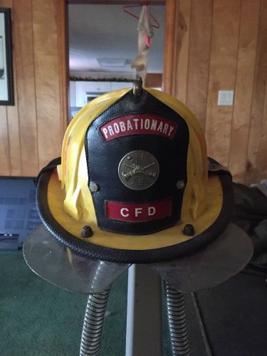 Cairns fire helmet,yellow, probationary leather shield for sale