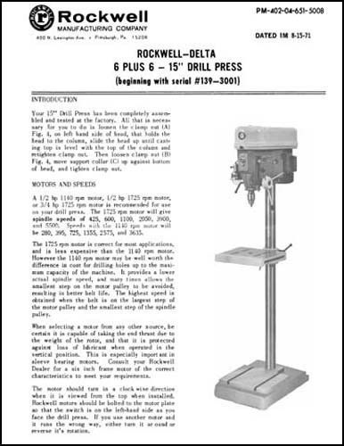 Rockwell Delta 15 Inch 6 plus 6 Drill Press Manual