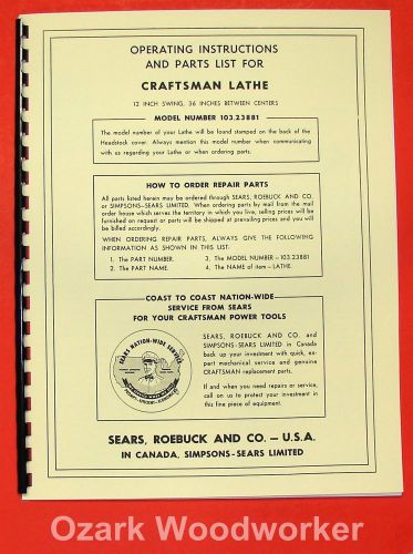 CRAFTSMAN 103.23881 Wood Lathe Parts Owner&#039;s &amp; Parts Manual 0172
