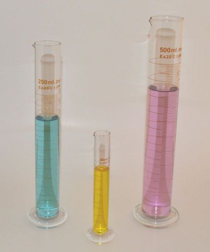 3 GRADUATED CYLINDER BOROSILICATE GLASS 500 mL 250 mL 50 mL Measuring Lab New