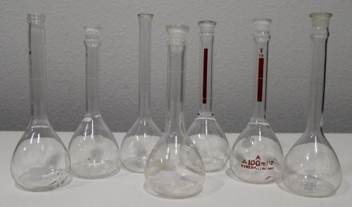 Lot of 7 Pyrex 100ml Volumetric Flasks Lab Ground Glass 100 ml No 5660 5650 5642