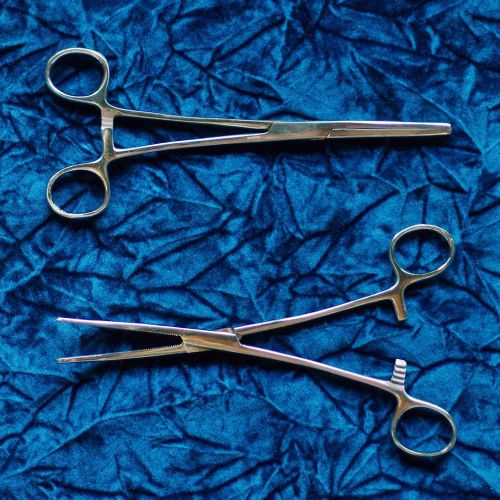 HEMOSTATS / LOCKING FORCEPS 8&#034; -- 1 Curved 1 Straight - Stainless Steel NEW