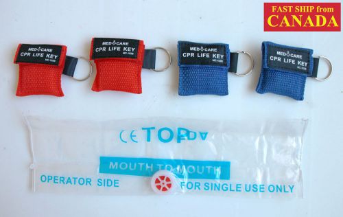 4PCS CPR MASK FACE SHIELD in POUCH w/ KEY CHAIN, 1-way Valve, 2&#034;x 2&#034;, RED &amp; BLUE