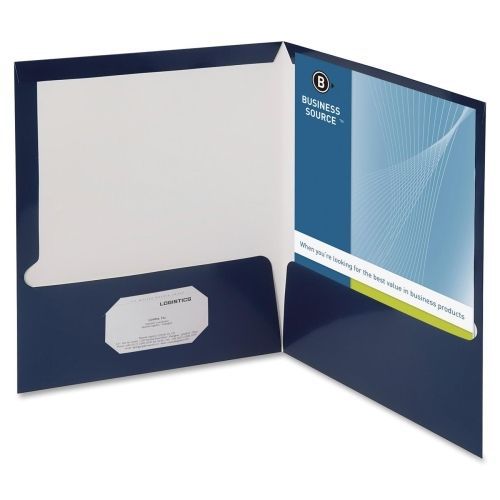 Business Source Two-Pocket Folders w/Business Card Holder -Navy-25/Bx- BSN44430