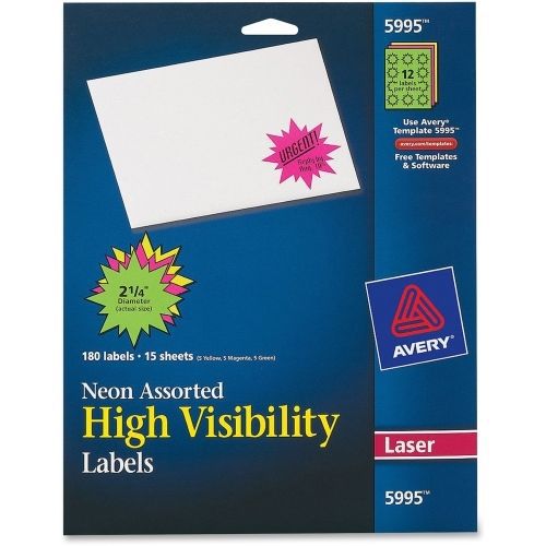 Avery High Visibility Label - 2.25&#034; D - 180/Pk - Circle - Laser - Assorted