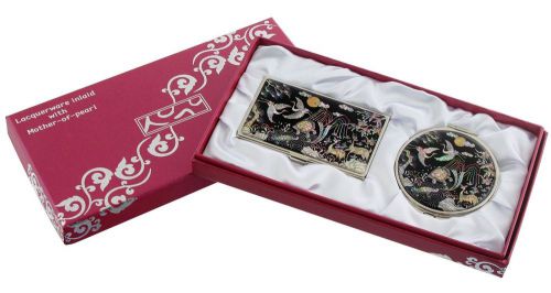 Nacre crane Business card holder case Makeup compact mirror gift set #44