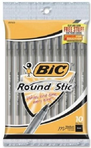 BIC ROUND STIC Medium Point Ballpoint Pens BLACK INK 10 Ct/Pk