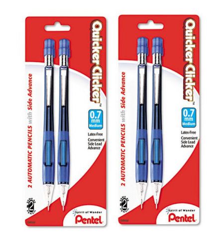 4 PENTEL Quicker Clicker Mechanical Pencils 0.7 mm * Blue Barrel