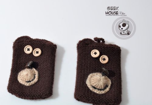 Rare-Unique~Kawaii~Cute~Knit Button Nose Brown Bear Business Card Holder/Pouch.