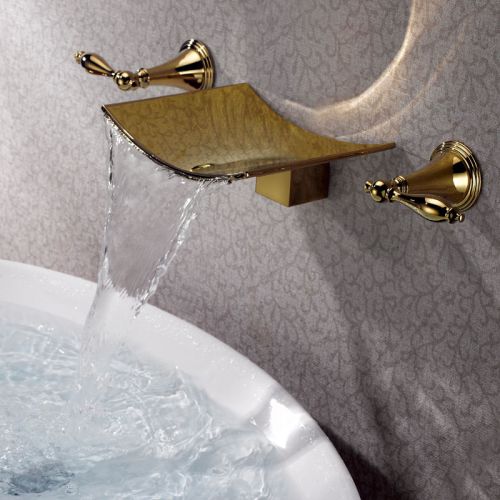 Modern Ti-PVD Gold Waterfall Wall Mounted Sink Faucet Basin Tap  Free Shipping