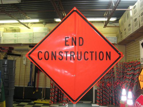 End Construction Sign Fluorescent Vinyl With Ribs 48&#034;x48&#034; Roll Up Sign