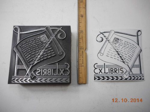 Letterpress Printing Printers Block, Ex Libris, words w Quill Pen &amp; Scroll
