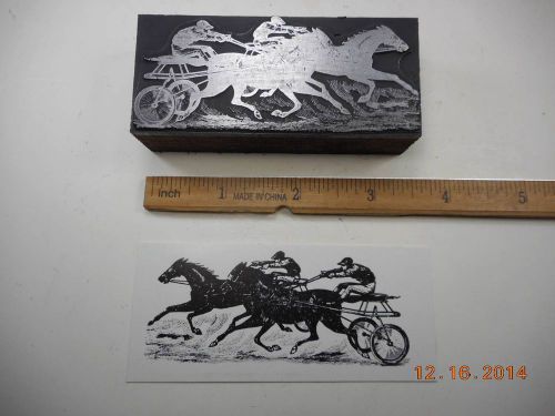 Letterpress Printing Printers Block, Harness Racing Horses w Jockeys on Sulkies