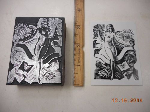 Letterpress Printing Printers Block, Nude Goddess w Books in Cornucopia