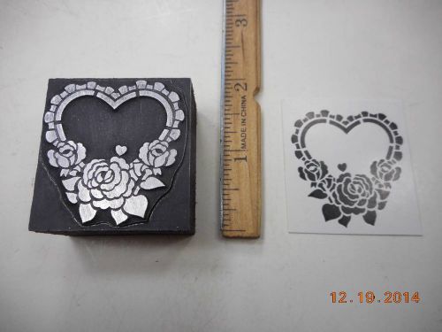 Letterpress Printing Printers Block, Heart w Rose Flowers