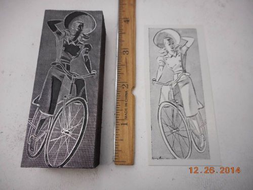 Letterpress Printing Printers Block, Female Bicycle Rider wearing Culottes