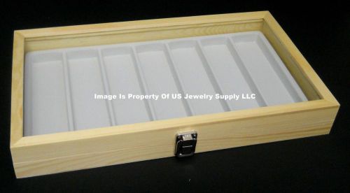 12 Natural Wood Glass Top Lid White 7 Slot Jewelry Organizer Display Case