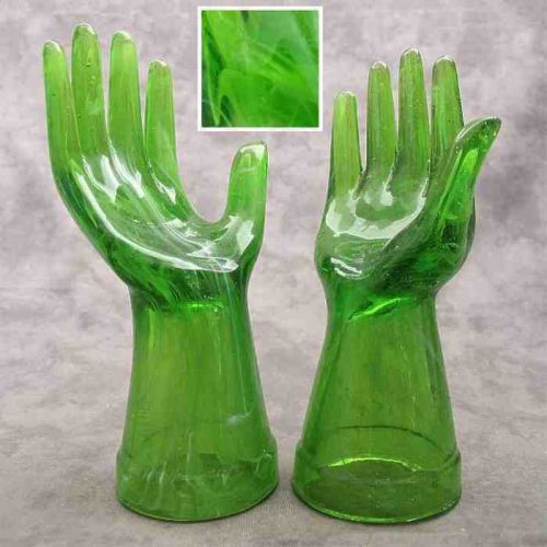 2 GREEN &amp; OPALESCENT WHITE SLAG GLASS MANNEQUIN JEWELRY RING DISPLAY HANDS