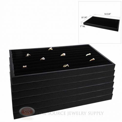 (6) Black Velvet Ring Displays Continuous Slot Inserts Plastic Stackable Trays