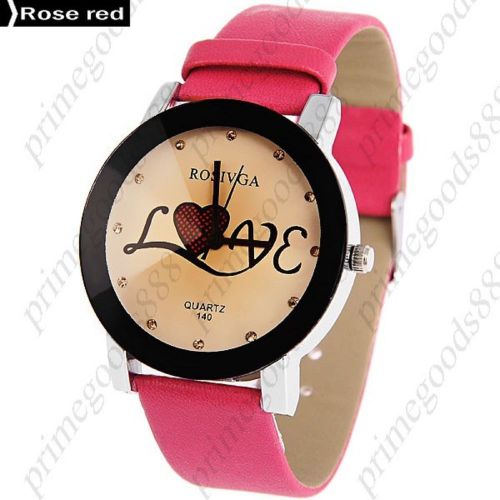Love rhinestones pu leather ladies analog quartz wristwatch women&#039;s rose red for sale