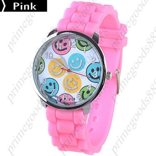 Smile Round Case Analog Rubber Quartz Wrist Wristwatch Women&#039;s Smiley Face Pink