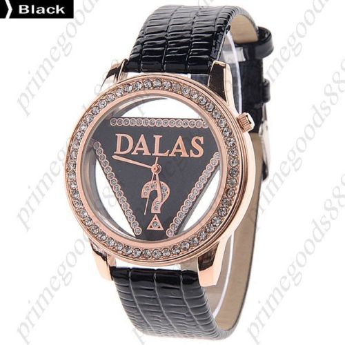 Triangle Round PU Leather Lady Ladies Wrist Quartz Wristwatch Women&#039;s Black