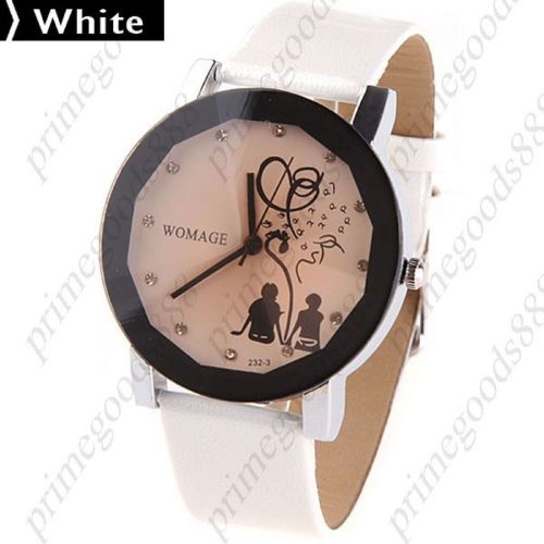 Stylish Round Case Quartz Wrist Watch with Faux Leather Strap Rhinestones White
